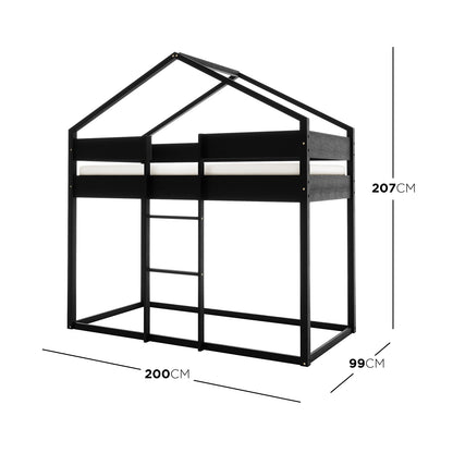 Clay House Shaped Kids Loft Bed in Black, featuring a house-like frame with an open roof, short ladder, and built-in guard rails. Made from durable black-finished wood, ideal for space-saving in children's rooms.