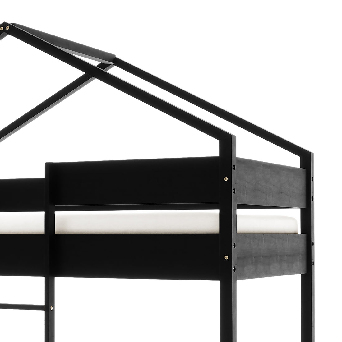 Clay House Shaped Kids Loft Bed in Black featuring a black, house-shaped frame with a pitched roof outline, visible corner structure, and the edge of a white mattress on its platform.