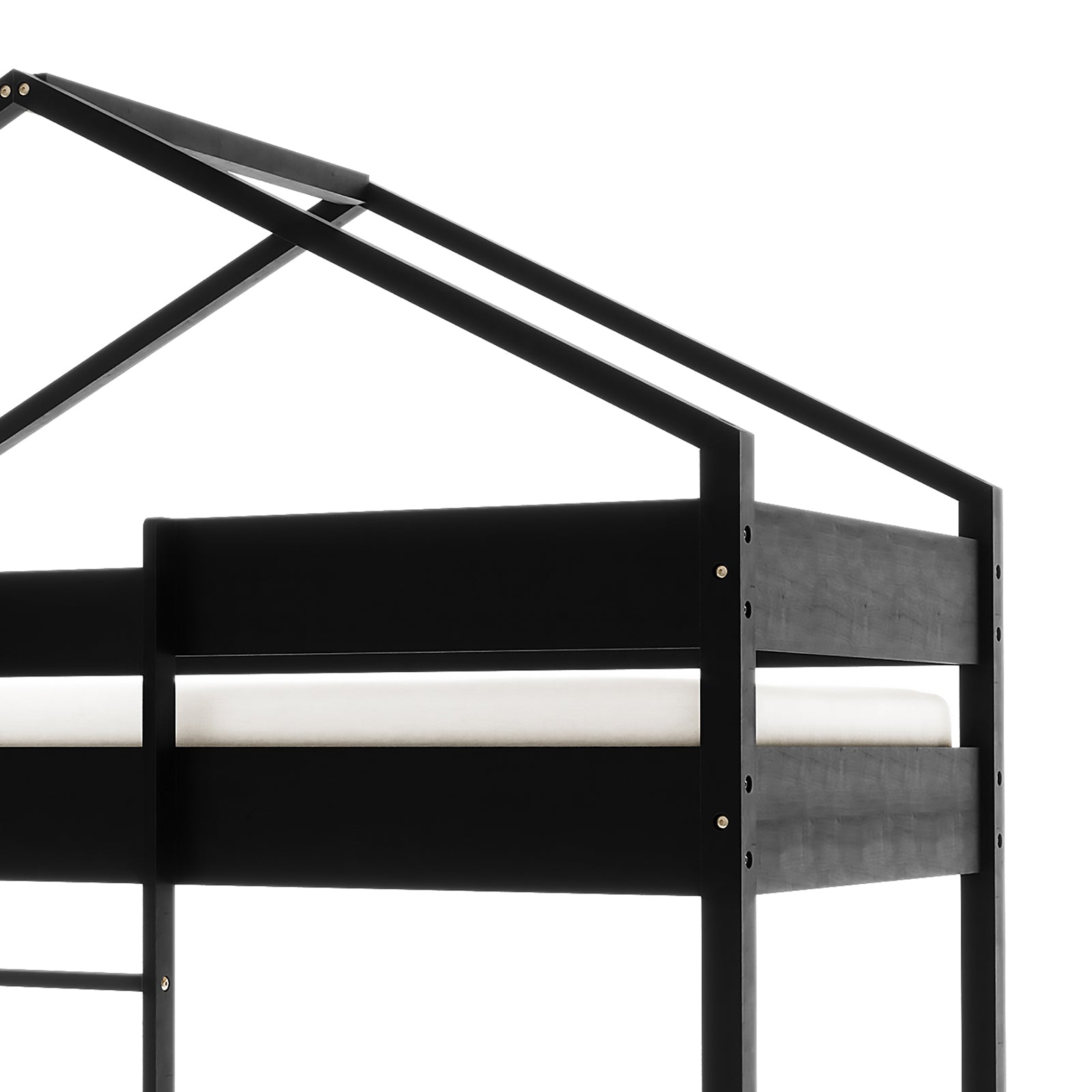 Clay House Shaped Kids Loft Bed in Black featuring a black, house-shaped frame with a pitched roof outline, visible corner structure, and the edge of a white mattress on its platform.