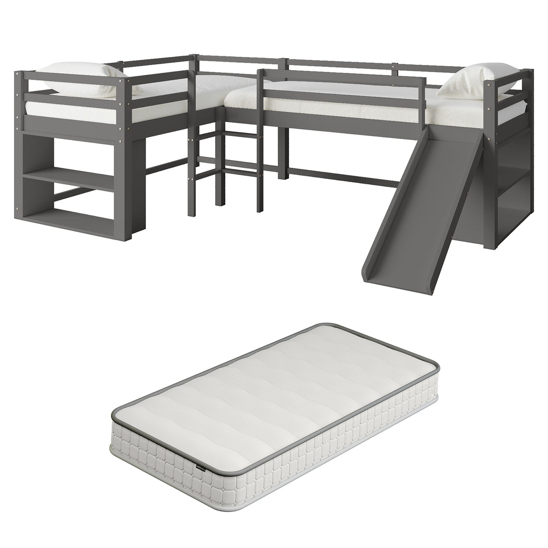 Coreen Loft Bed & Cybele Mattress Package Grey features a grey bunk bed with dual ladders, built-in slide, and open shelves, crafted from solid pine wood with an eco-friendly finish.