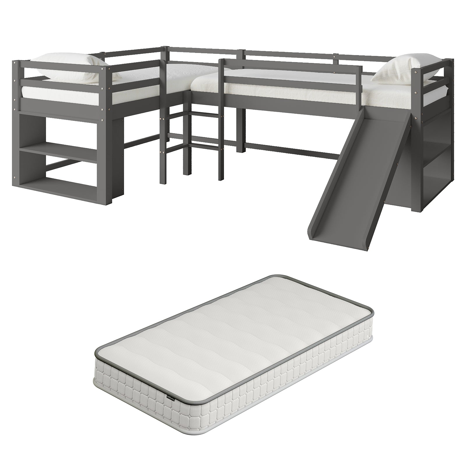 Coreen Loft Bed & Cybele Mattress Package Grey features a grey bunk bed with dual ladders, built-in slide, and open shelves, crafted from solid pine wood with an eco-friendly finish.