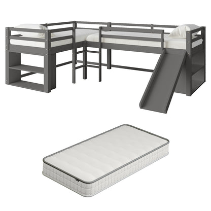 Coreen Loft Bed & Cybele Mattress Package Grey features a grey bunk bed with dual ladders, built-in slide, and open shelves, crafted from solid pine wood with an eco-friendly finish.