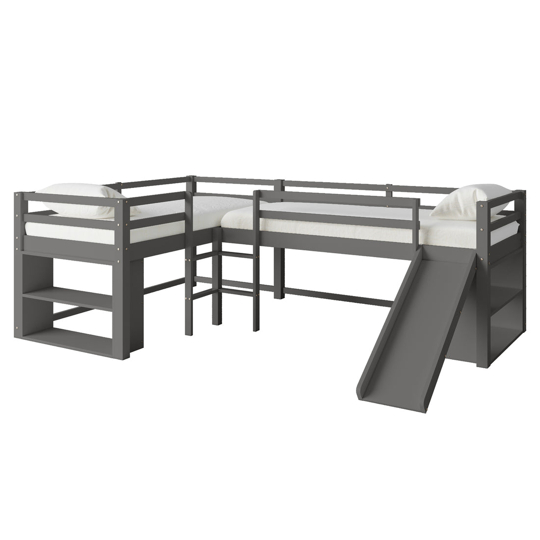Coreen Loft Bed & Cybele Mattress Package Grey features a grey bunk bed with a slide, dual ladders, safety rails, and open shelves, designed for kids' bedrooms with a playful and practical touch.