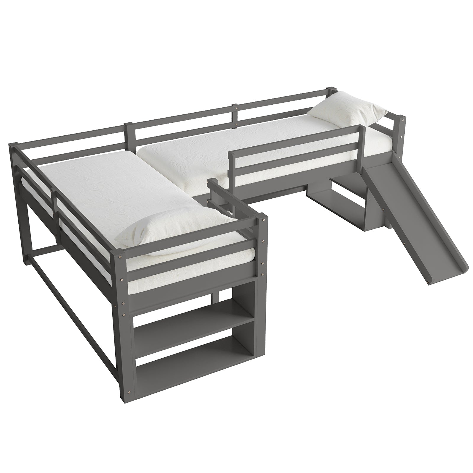 Coreen Loft Bed & Cybele Mattress Package Grey features a grey wooden bunk bed with a built-in slide and safety rails, showcasing open shelves and dual ladders for a playful and functional kids' bedroom setup.