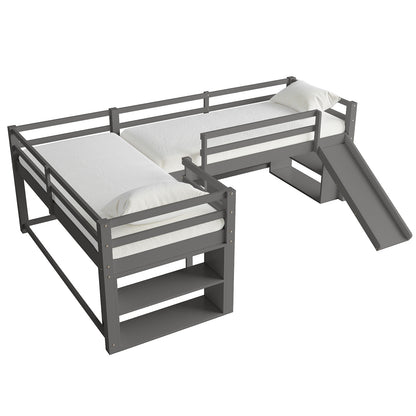 Coreen Loft Bed & Cybele Mattress Package Grey features a grey wooden bunk bed with a built-in slide and safety rails, showcasing open shelves and dual ladders for a playful and functional kids' bedroom setup.