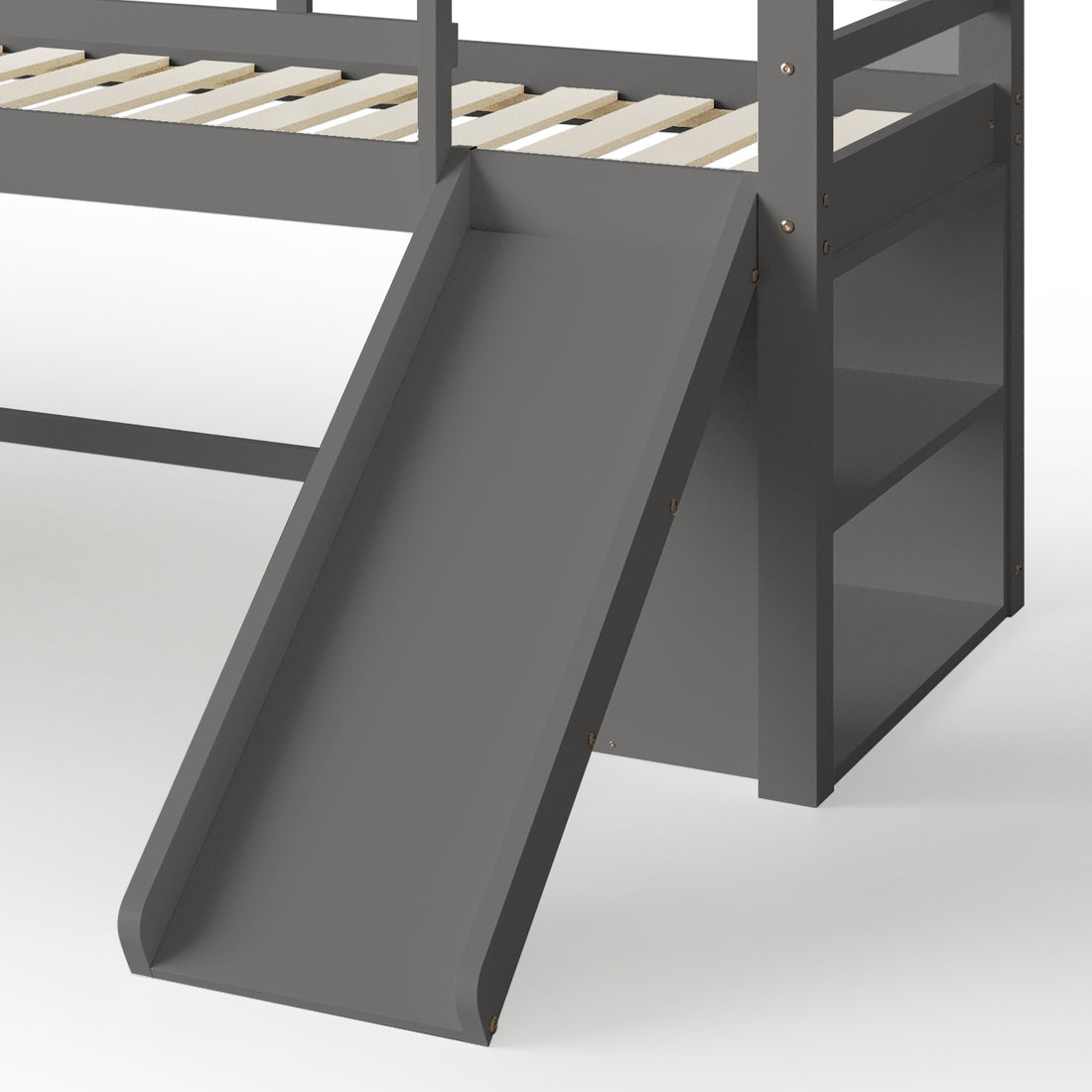 Close-up of the Coreen Loft Bed & Cybele Mattress Package Grey, showcasing the built-in slide on the bed, emphasizing its playful and functional design ideal for children's bedrooms.