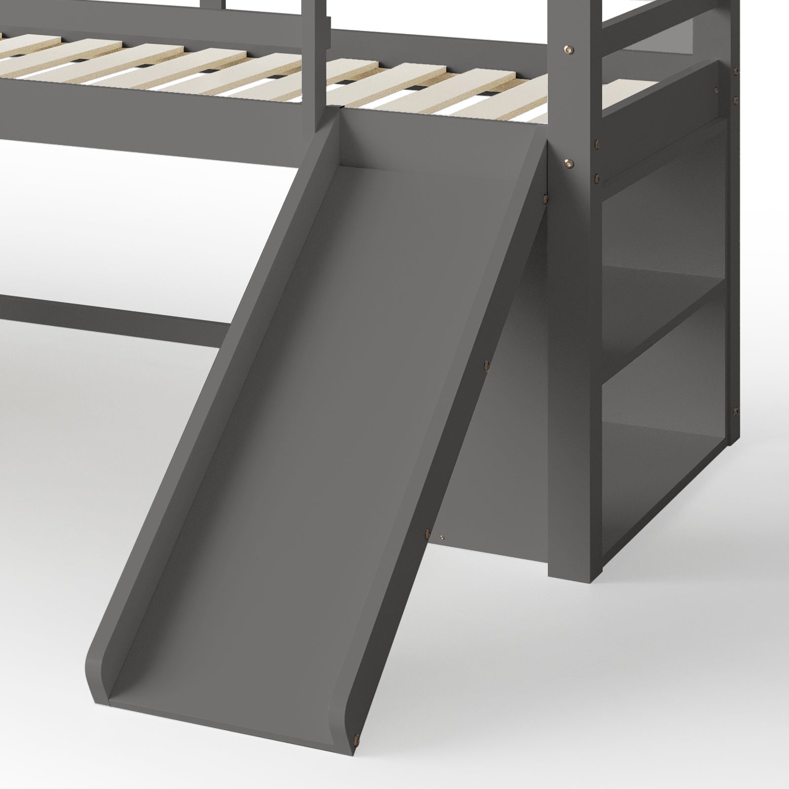 Close-up of the Coreen Loft Bed & Cybele Mattress Package Grey, showcasing the built-in slide on the bed, emphasizing its playful and functional design ideal for children's bedrooms.