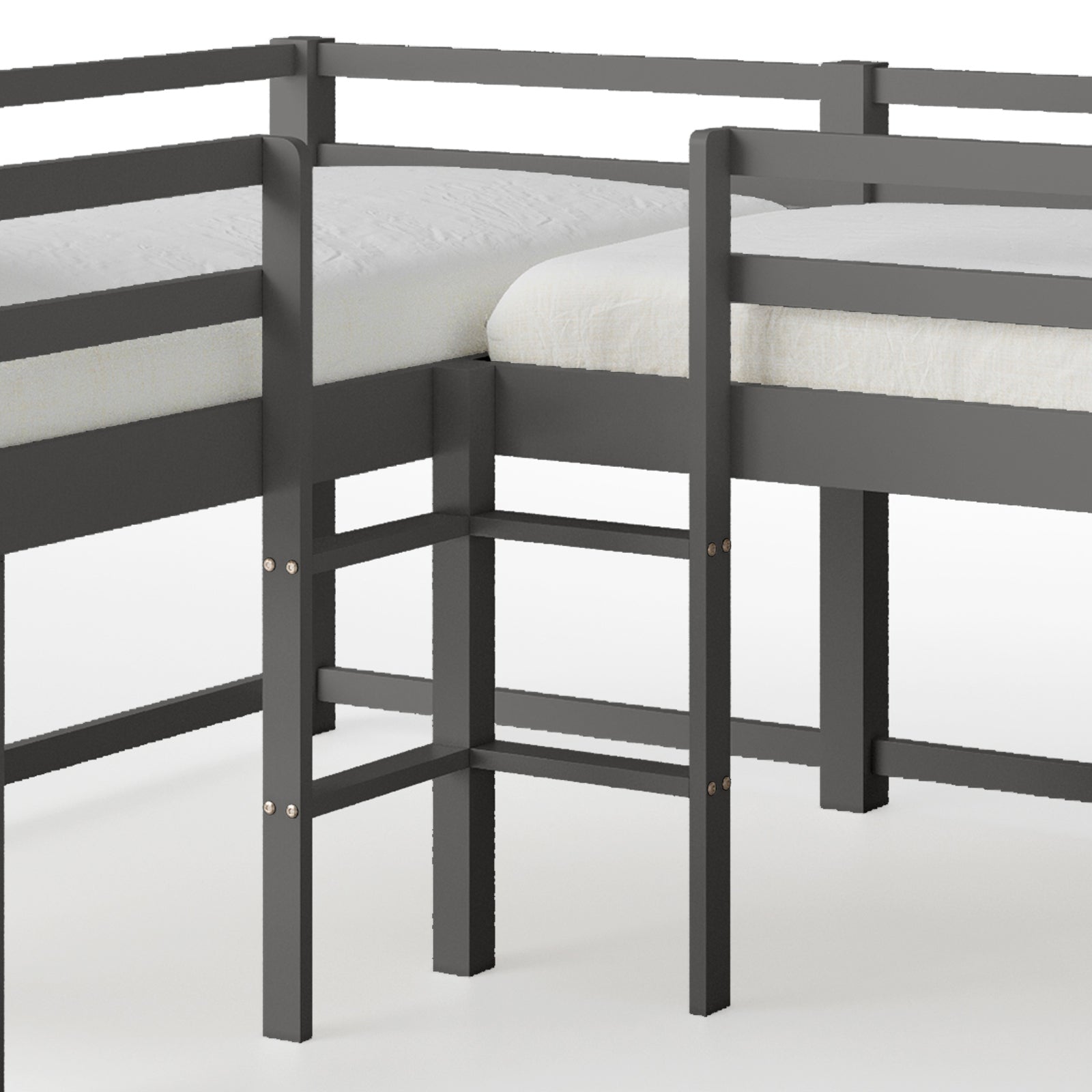 Coreen Loft Bed & Cybele Mattress Package Grey, featuring a durable solid pine frame with open shelves and safety rails, designed for kids with dual ladders and a built-in slide.