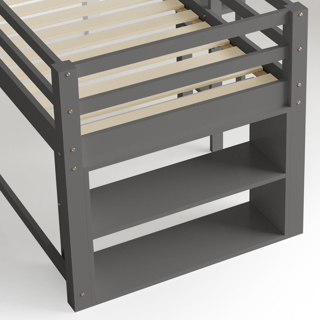 Coreen Loft Bed & Cybele Mattress Package Grey features a grey wooden bunk bed with slats, dual ladders, open shelves, safety rails, and a built-in slide, offering functional and playful design for kids.