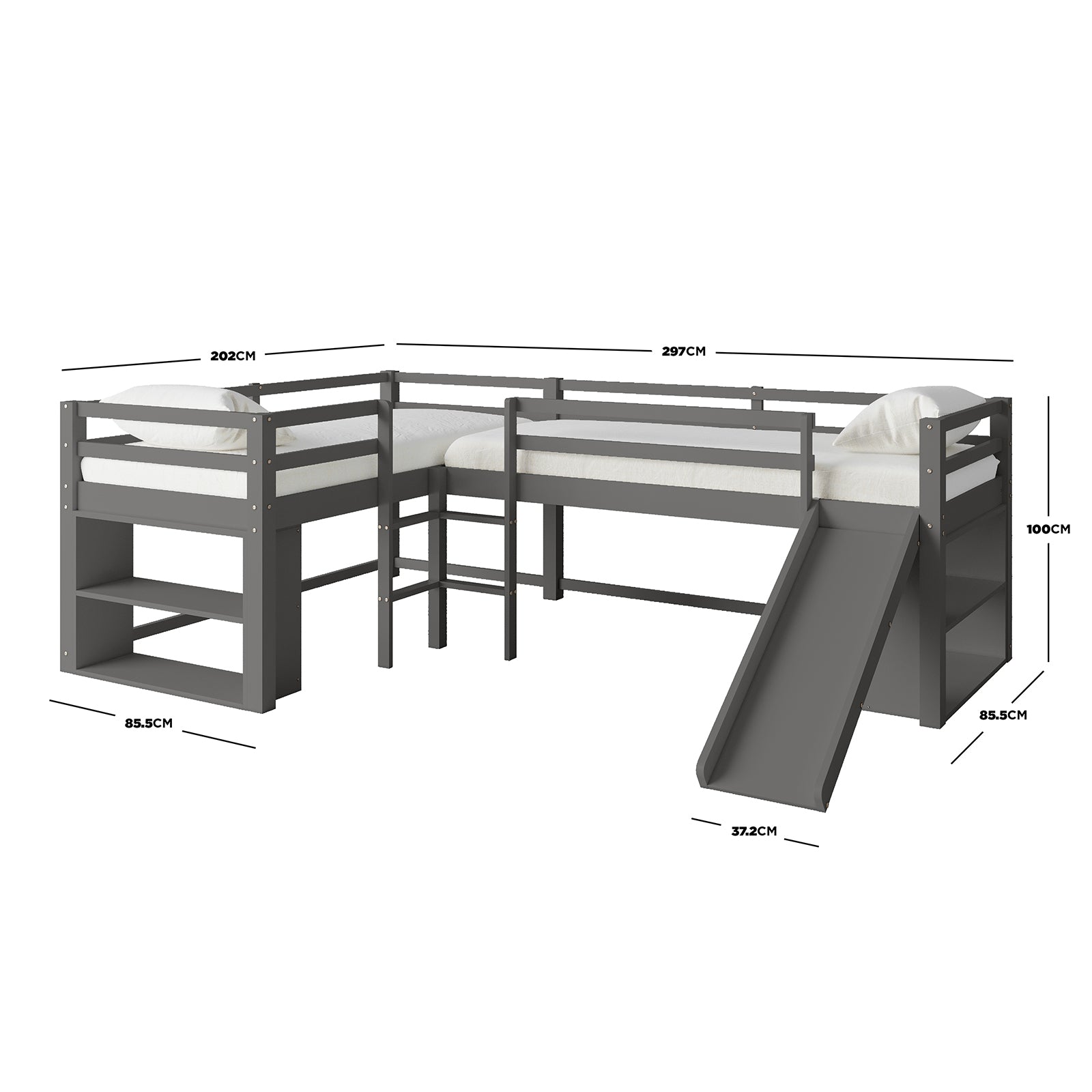 Coreen Loft Bed & Cybele Mattress Package Grey features a bunk bed with a slide, dual ladders, and safety rails, crafted from solid pine wood, ideal for kids' rooms.