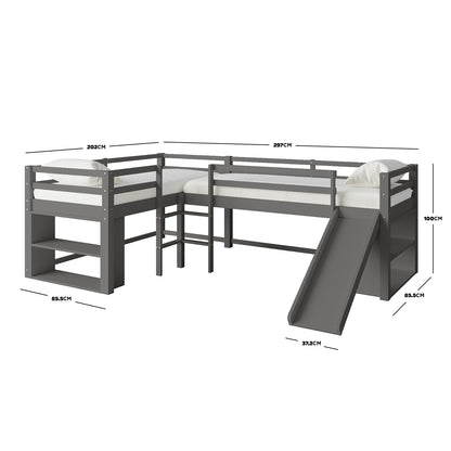 Coreen Loft Bed & Cybele Mattress Package Grey features a bunk bed with a slide, dual ladders, and safety rails, crafted from solid pine wood, ideal for kids' rooms.