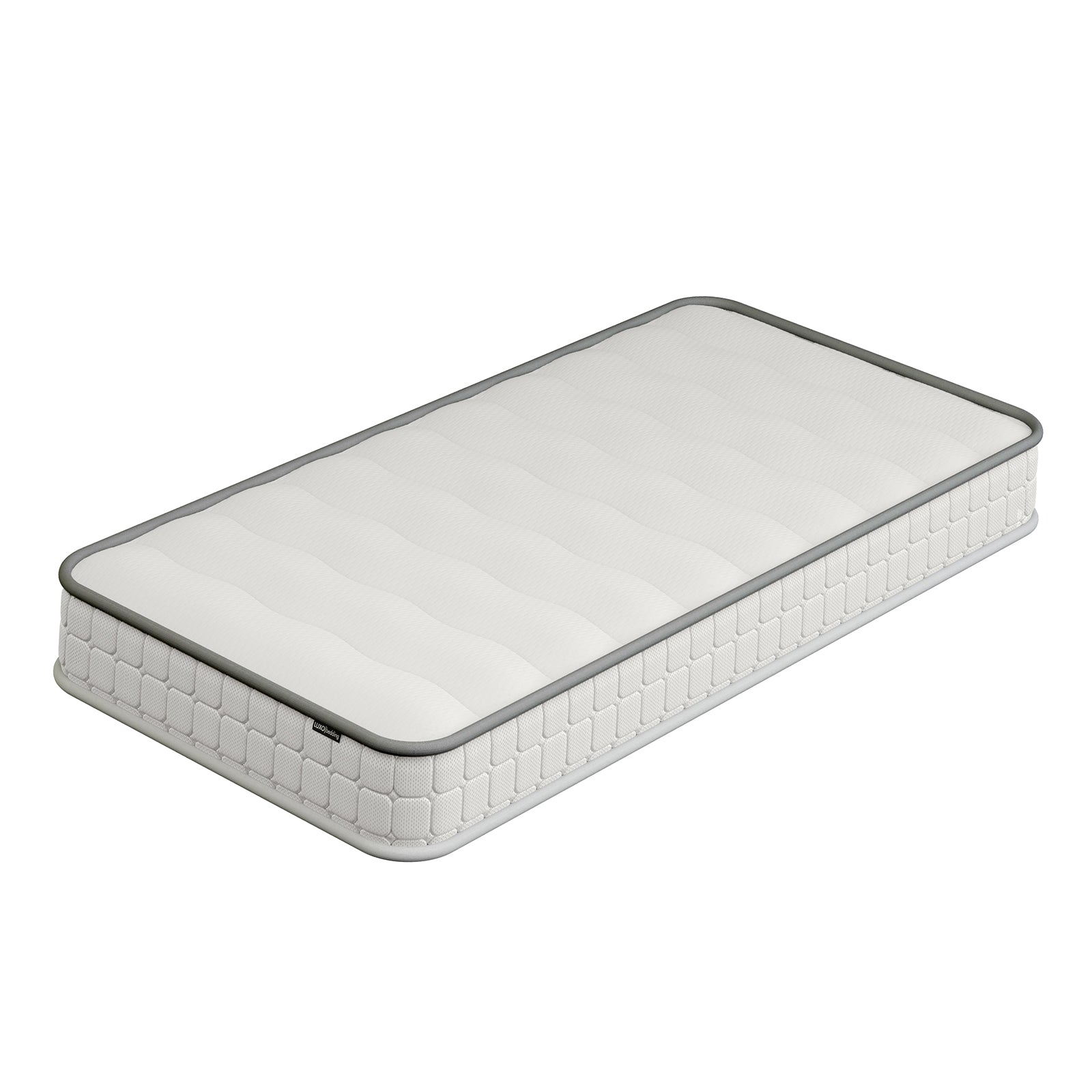 Coreen Loft Bed & Cybele Mattress Package Grey features a white mattress with gray trim, showcasing a sleek and modern design ideal for kids' bedrooms.