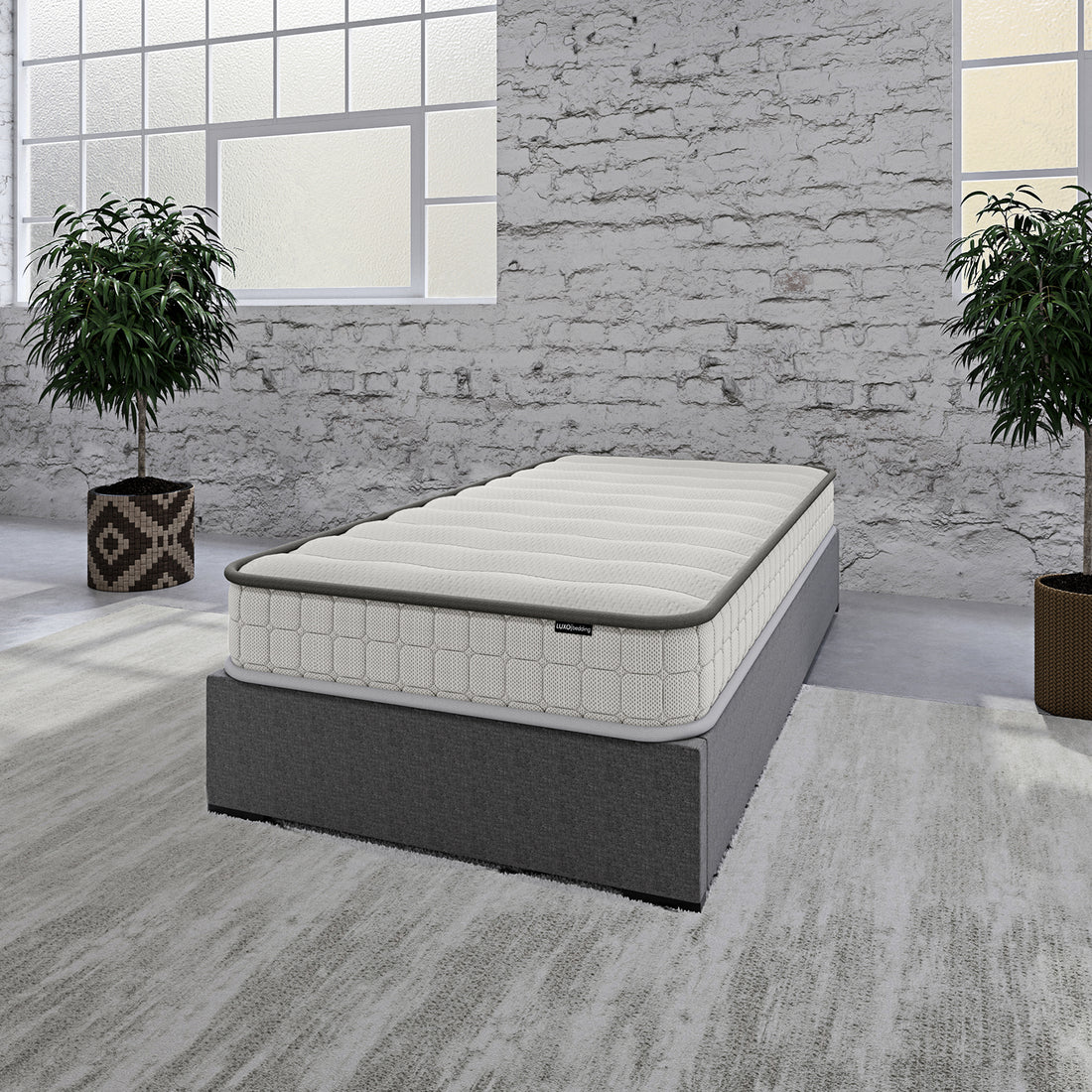 Coreen Loft Bed & Cybele Mattress Package Grey shown in a room with a plant by a window, featuring a loft design, built-in slide, and safety rails, ideal for kids’ bedrooms.