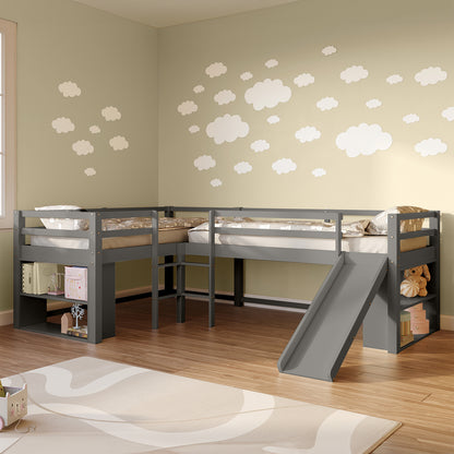 Coreen Solid Pine Storage Loft Bed with Slide - Grey features a fun slide, built-in ladders, and open shelves, maximizing space with its L-shaped design, all visible in a child-friendly bedroom setting.