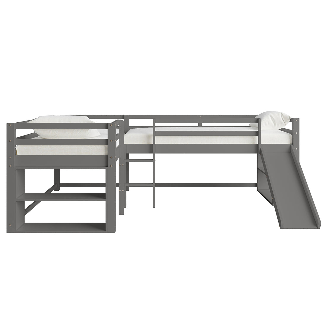 Coreen Solid Pine Storage Loft Bed with Slide – Grey: A grey bunk bed featuring an L-shaped design, built-in ladders, a slide, and open shelves, showcasing a practical and playful bedroom solution.