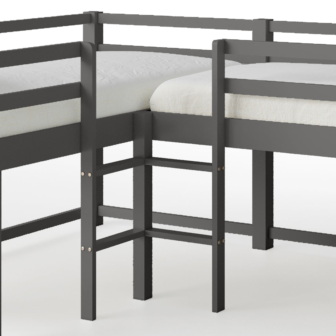Coreen Solid Pine Storage Loft Bed with Slide – Grey, showcasing a close-up of the sturdy bed frame and built-in ladders, highlighting its design with open shelves and integrated slide for added fun.