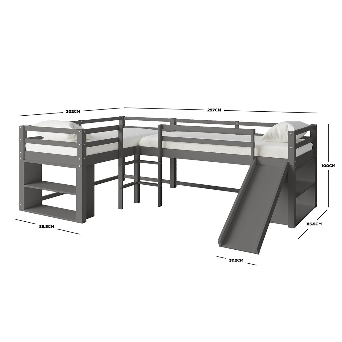 Coreen Solid Pine Storage Loft Bed with Slide - Grey; features a grey bunk bed with a slide, built-in ladders, open shelves, and protective rails, showcasing its practical L-shaped design.