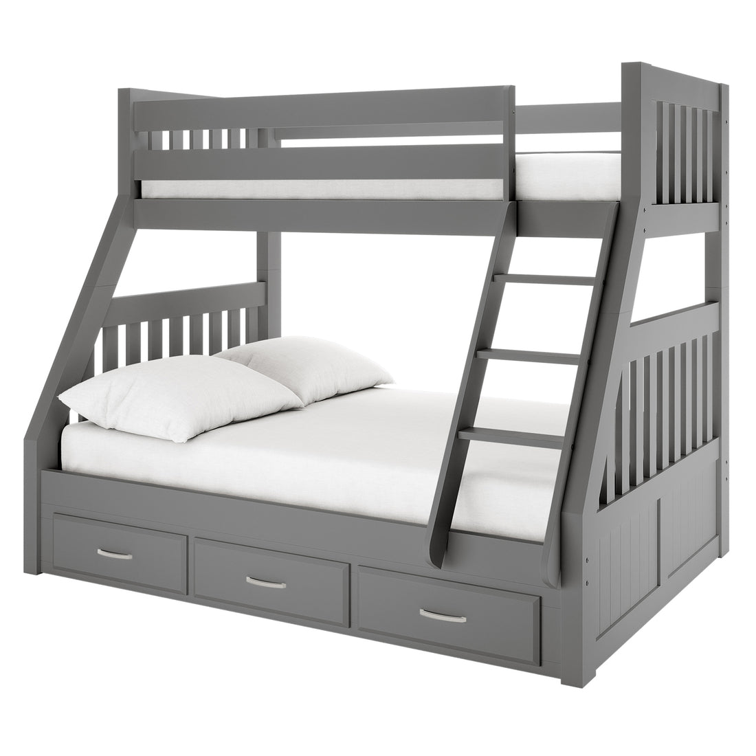 Cornelia Storage Triple Bunk Bed - Grey Solid Wood; close-up of integrated storage drawers showcasing durable construction and sleek design, emphasizing its modern functionality and practicality for multi-sleeper arrangements.