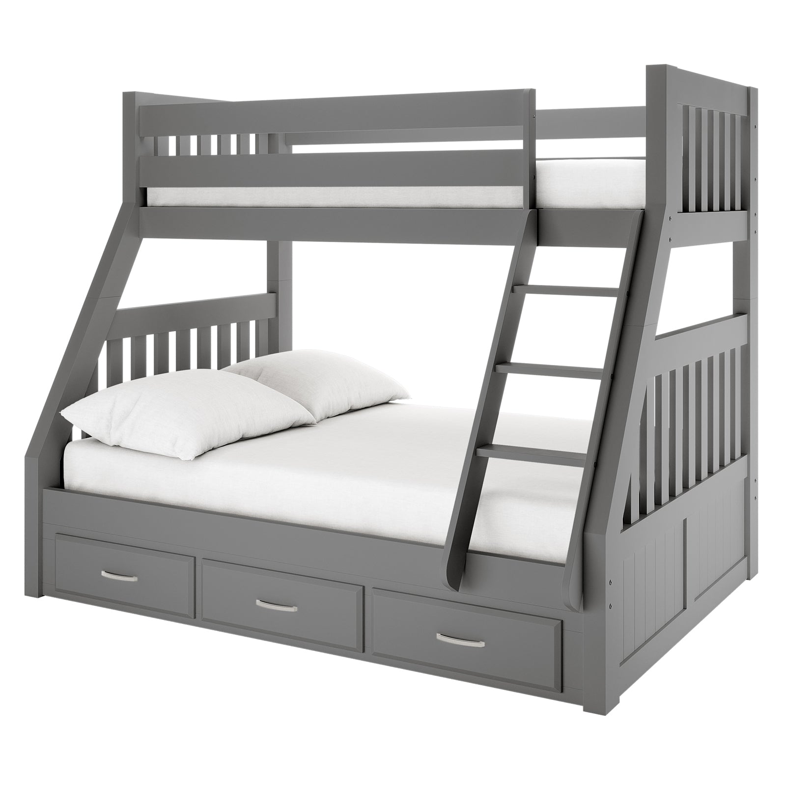 Cornelia Storage Triple Bunk Bed - Grey Solid Wood; close-up of integrated storage drawers showcasing durable construction and sleek design, emphasizing its modern functionality and practicality for multi-sleeper arrangements.