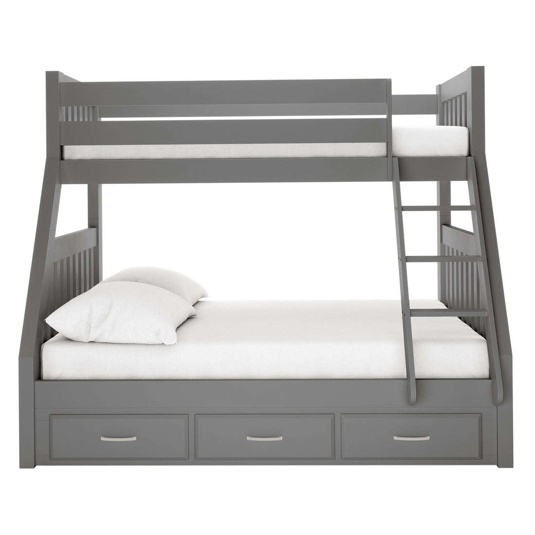 Cornelia Storage Triple Bunk Bed - Grey Solid Wood, showcasing three spacious under-bed drawers, a robust pine frame, and a secure ladder, ideal for maximizing space and accommodating multiple sleepers.