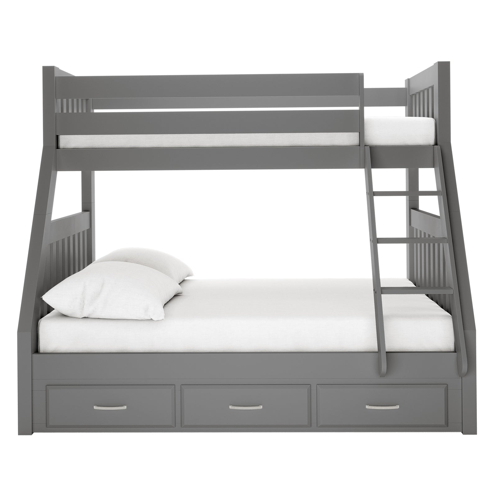 Cornelia Storage Triple Bunk Bed - Grey Solid Wood, showcasing three spacious under-bed drawers, a robust pine frame, and a secure ladder, ideal for maximizing space and accommodating multiple sleepers.