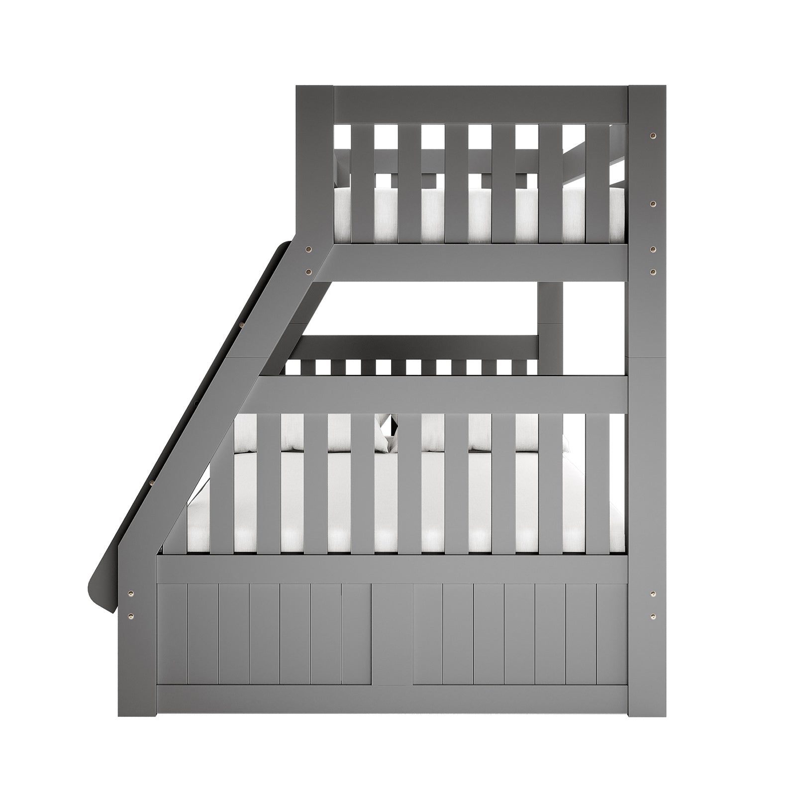 Cornelia Storage Triple Bunk Bed - Grey Solid Wood: Close-up of the bed's sturdy pine frame and integrated under-bed storage drawers, showcasing modern design and functionality for versatile sleeping arrangements.