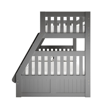 Cornelia Storage Triple Bunk Bed - Grey Solid Wood: Close-up of the bed's sturdy pine frame and integrated under-bed storage drawers, showcasing modern design and functionality for versatile sleeping arrangements.