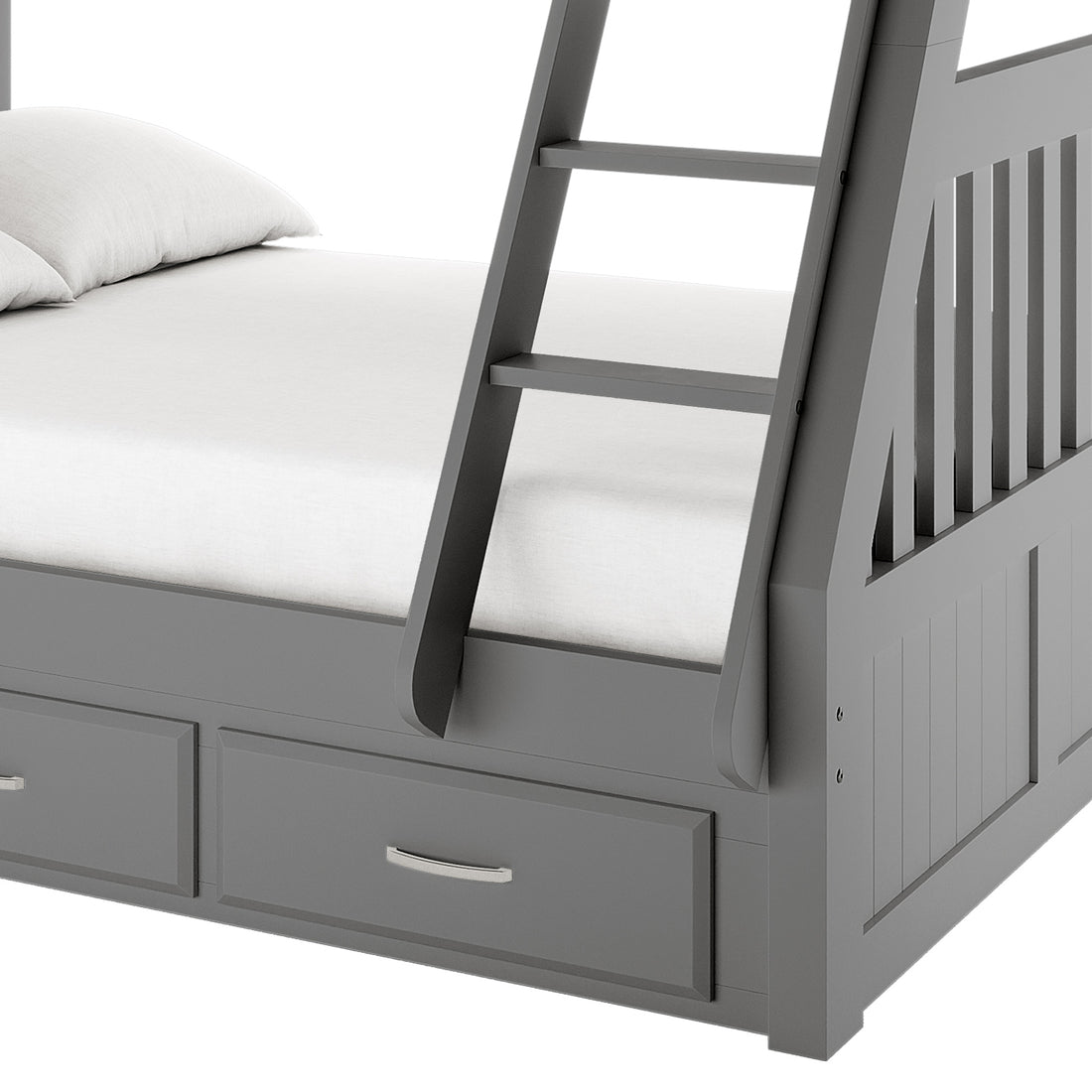Cornelia Storage Triple Bunk Bed - Grey Solid Wood featuring a sleek grey finish, integrated storage drawers beneath, and a sturdy pine frame designed for modern, space-saving functionality in shared bedrooms.