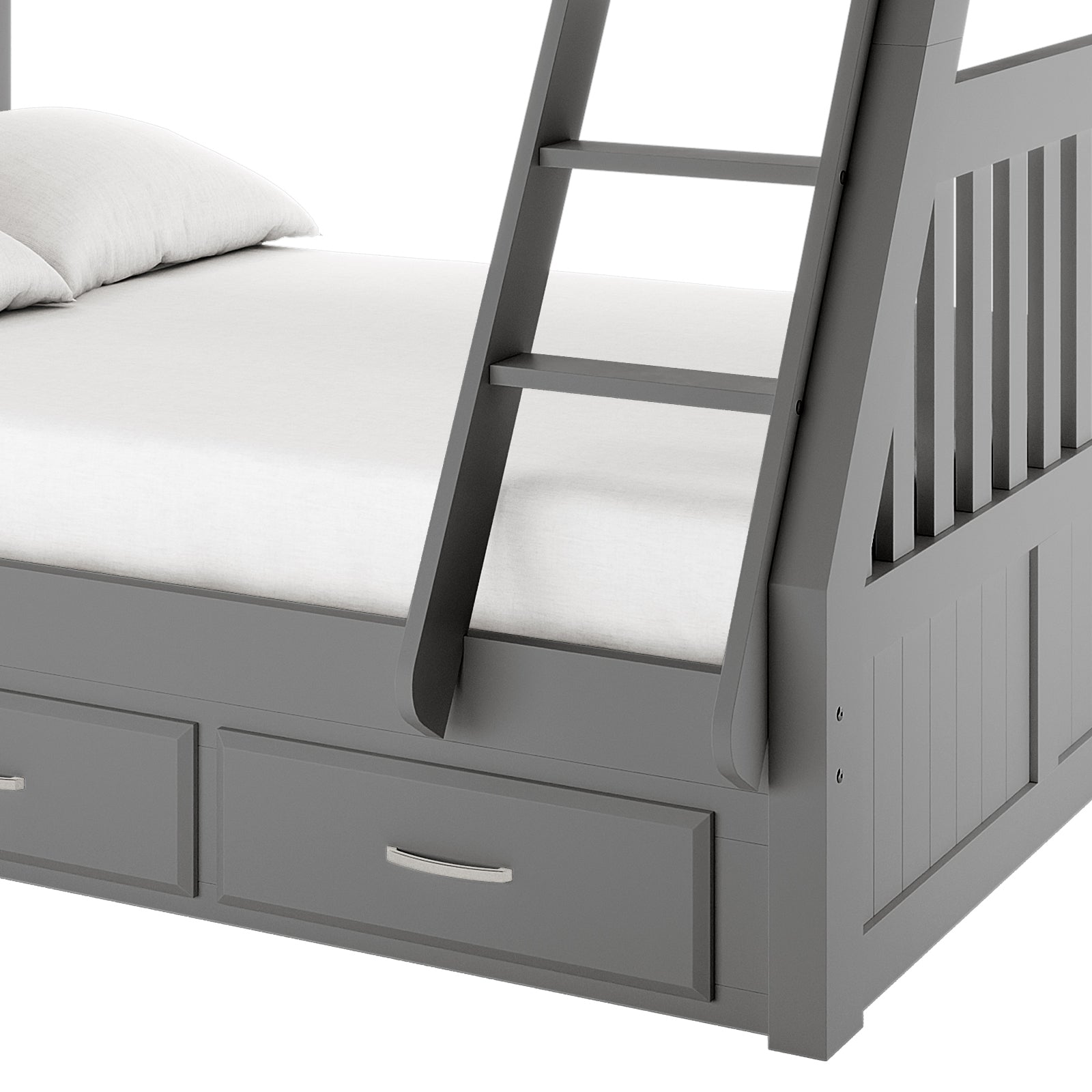 Cornelia Storage Triple Bunk Bed - Grey Solid Wood featuring a sleek grey finish, integrated storage drawers beneath, and a sturdy pine frame designed for modern, space-saving functionality in shared bedrooms.