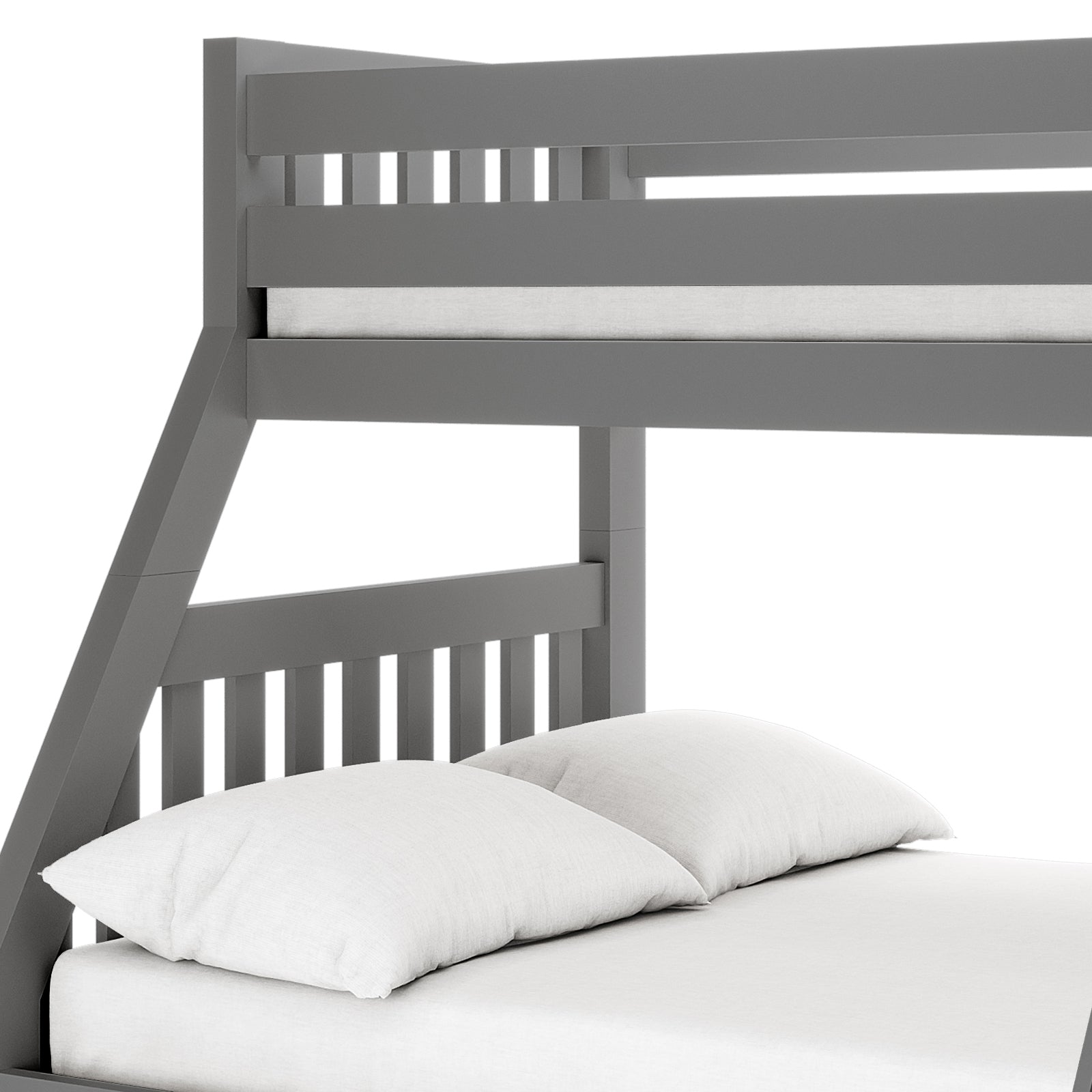Cornelia Storage Triple Bunk Bed - Grey Solid Wood, featuring a grey bunk bed frame with white pillows, showcasing its modern design, sturdy solid pine construction, and practical under-bed storage drawers.