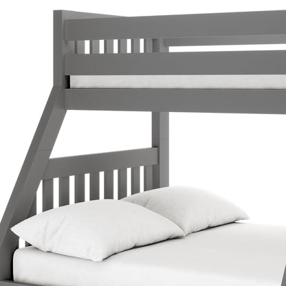 Cornelia Storage Triple Bunk Bed - Grey Solid Wood, featuring a grey bunk bed frame with white pillows, showcasing its modern design, sturdy solid pine construction, and practical under-bed storage drawers.