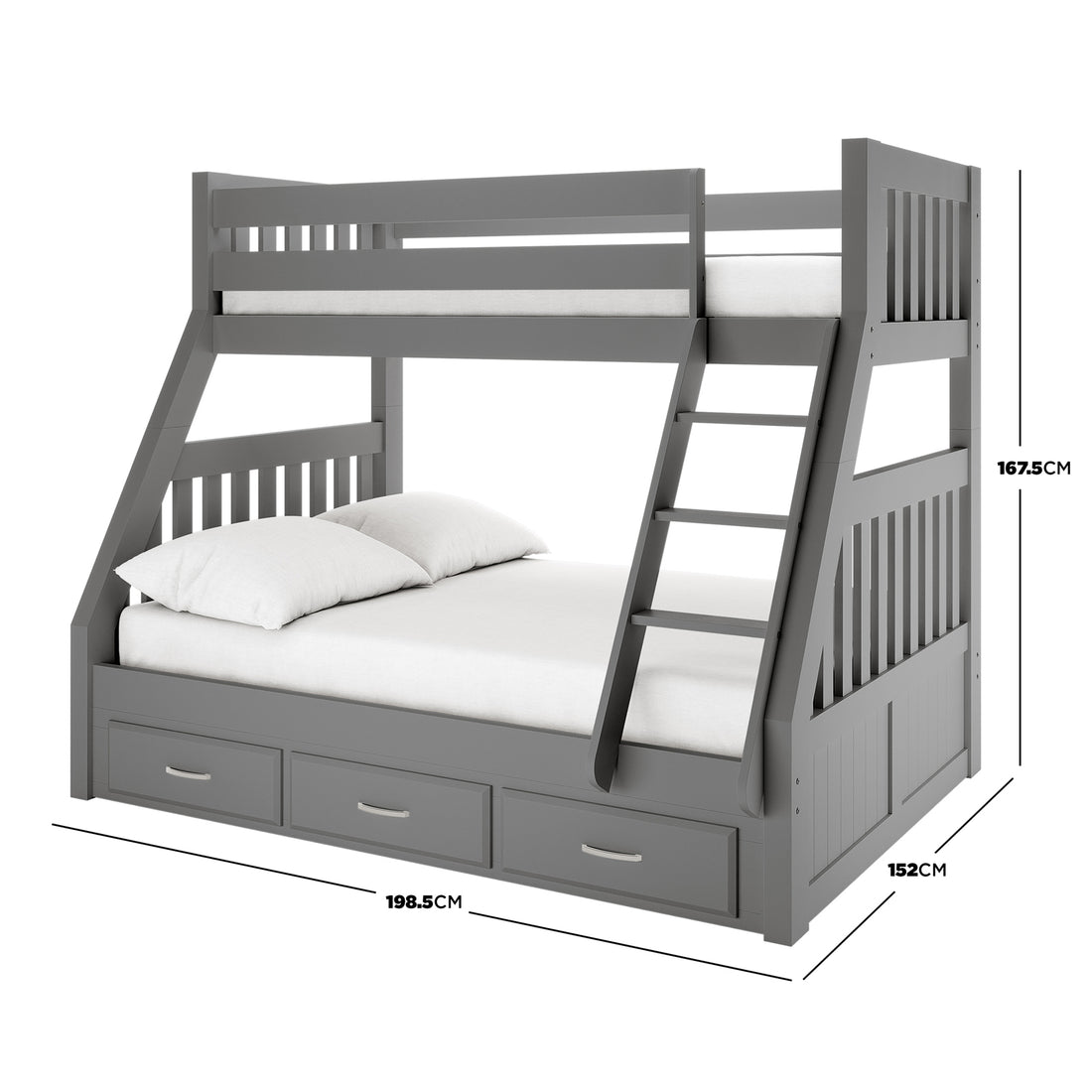 Cornelia Storage Triple Bunk Bed - Grey Solid Wood; features a sturdy triple bunk design with integrated storage drawers, visible ladder, and safety rails, ideal for saving space in shared bedrooms.