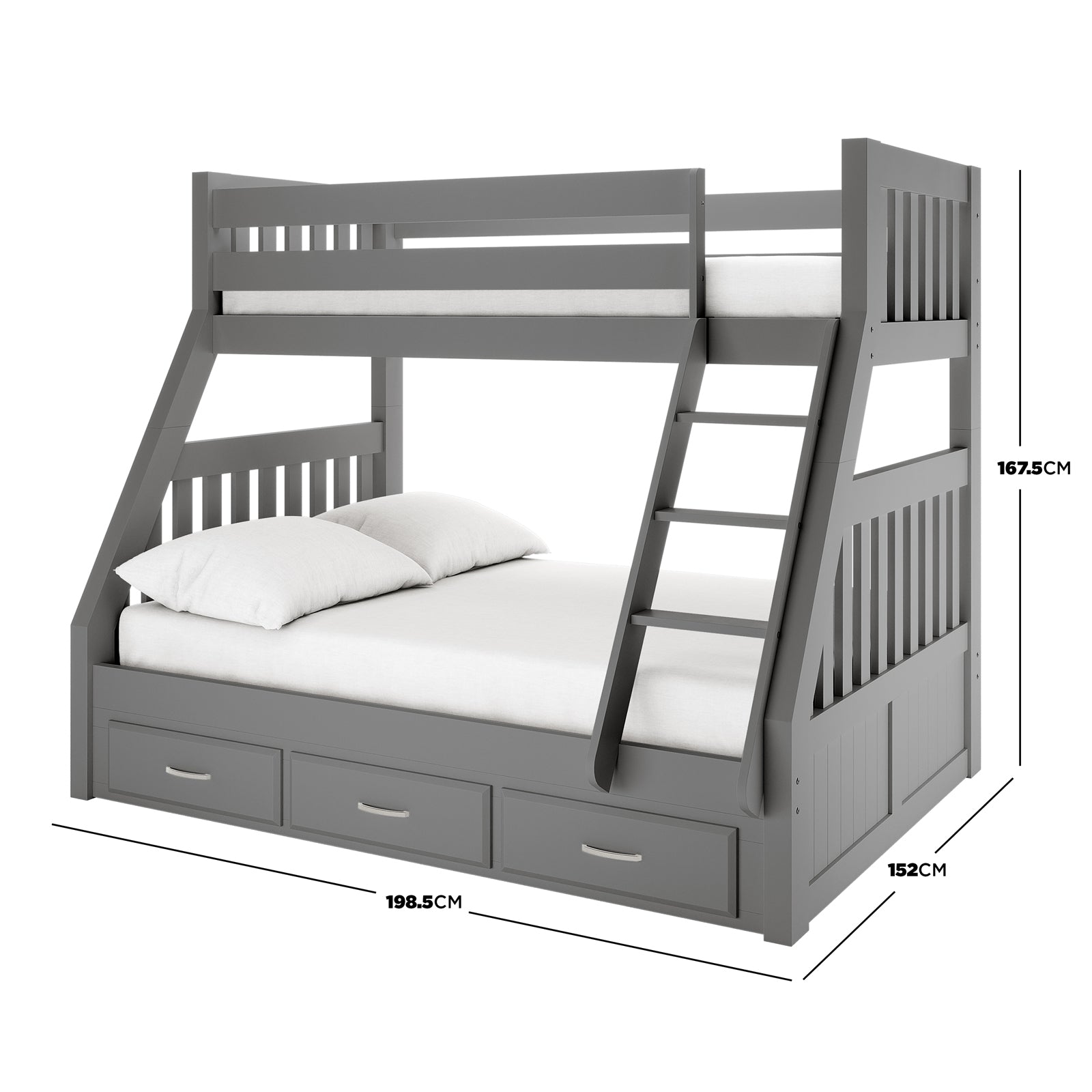 Cornelia Storage Triple Bunk Bed - Grey Solid Wood; features a sturdy triple bunk design with integrated storage drawers, visible ladder, and safety rails, ideal for saving space in shared bedrooms.