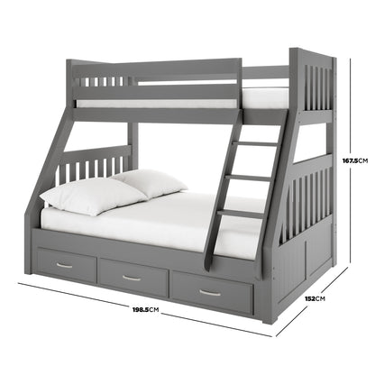 Cornelia Storage Triple Bunk Bed - Grey Solid Wood; features a sturdy triple bunk design with integrated storage drawers, visible ladder, and safety rails, ideal for saving space in shared bedrooms.