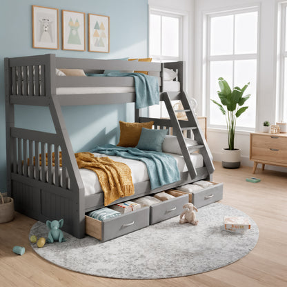 Cornelia Solid Wood Triple Bunk Bed with Storage in Grey features colorful throws, guard rails, a ladder, and three open drawers revealing toys. Surrounded by a play rug with blocks and stuffed animals.