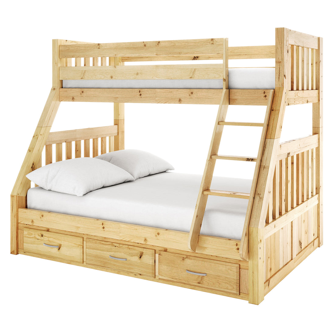 Cornelia Storage Triple Bunk Bed in natural solid wood, featuring a sturdy wooden structure with a top single over a double bunk, visible ladder, and under-bed storage drawers, ideal for shared spaces.