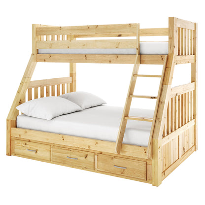 Cornelia Storage Triple Bunk Bed in natural solid wood, featuring a sturdy wooden structure with a top single over a double bunk, visible ladder, and under-bed storage drawers, ideal for shared spaces.