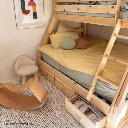Cornelia Storage Triple Bunk Bed - Natural Solid Wood: A sturdy solid pine triple bunk bed featuring a single over double design, with integrated storage drawers and safety guard rails. Suitable for shared or guest bedrooms.