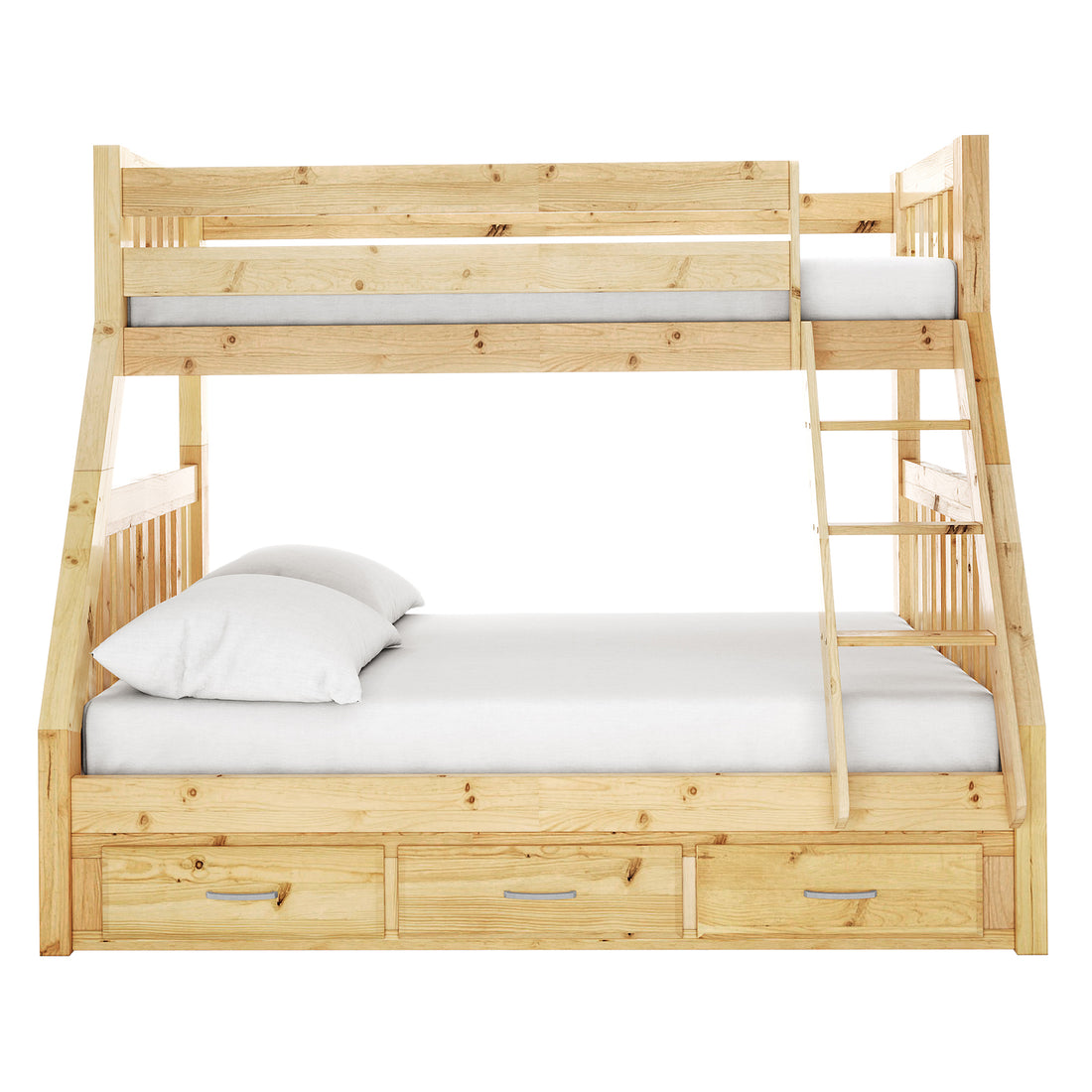 Cornelia Storage Triple Bunk Bed - Natural Solid Wood featuring spacious under-bed drawers. Shows a close-up of a drawer and a person lying on the lower bunk, highlighting its practicality and comfort.