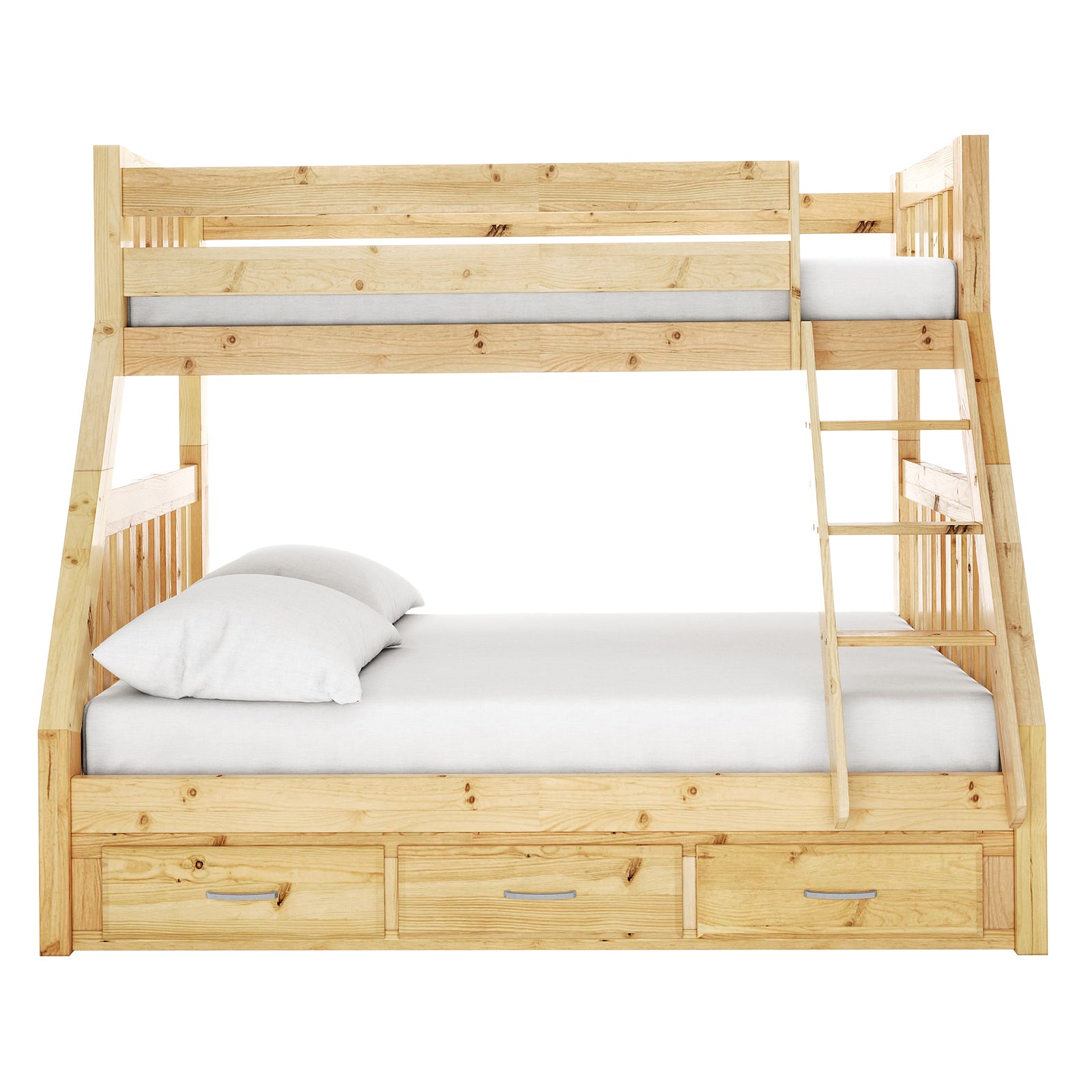 Cornelia Storage Triple Bunk Bed - Natural Solid Wood featuring spacious under-bed drawers. Shows a close-up of a drawer and a person lying on the lower bunk, highlighting its practicality and comfort.