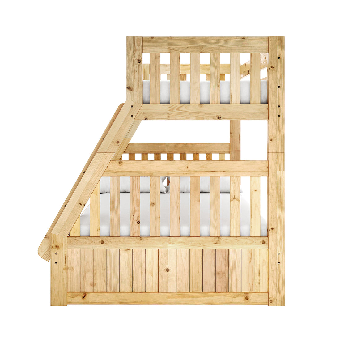 Cornelia Storage Triple Bunk Bed - Natural Solid Wood, showcasing a sturdy design with a single top bunk over a double, integrated ladder, and three under-bed storage drawers, ideal for shared spaces.
