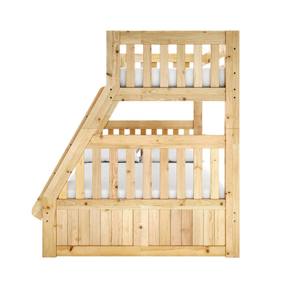 Cornelia Storage Triple Bunk Bed - Natural Solid Wood, showcasing a sturdy design with a single top bunk over a double, integrated ladder, and three under-bed storage drawers, ideal for shared spaces.