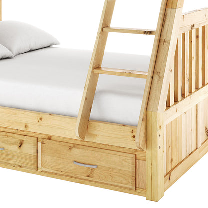 Cornelia Storage Triple Bunk Bed - Natural Solid Wood featuring a sturdy wooden frame with an integrated ladder, full-length guard rails, and three spacious storage drawers underneath, ideal for shared bedrooms.