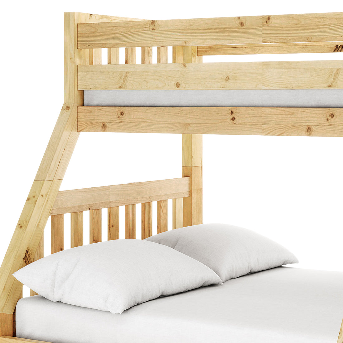 Cornelia Storage Triple Bunk Bed - Natural Solid Wood, showcasing a close-up of a white pillow on the bed, highlighting the practical design and sturdy New Zealand pine construction.