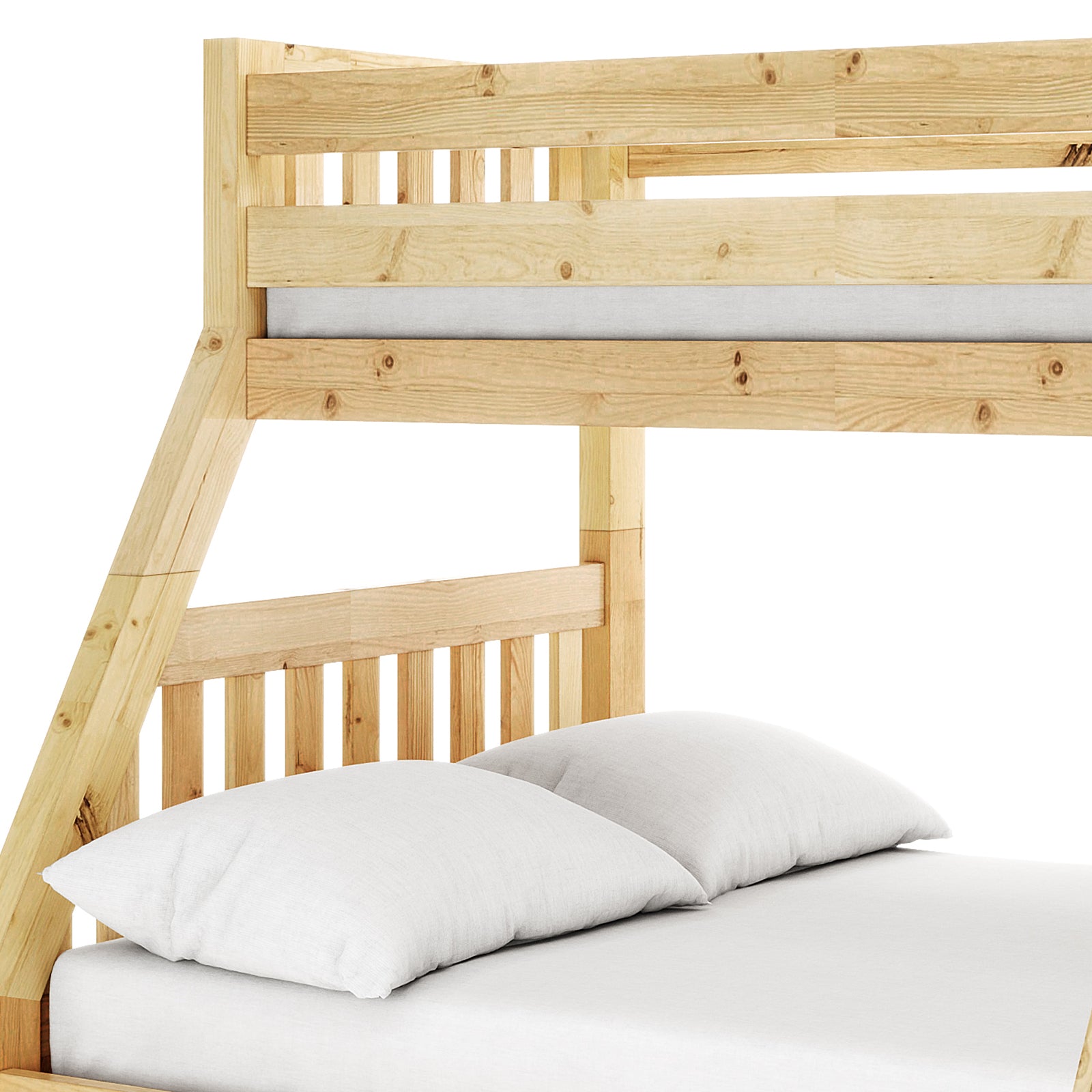 Cornelia Storage Triple Bunk Bed - Natural Solid Wood, showcasing a close-up of a white pillow on the bed, highlighting the practical design and sturdy New Zealand pine construction.