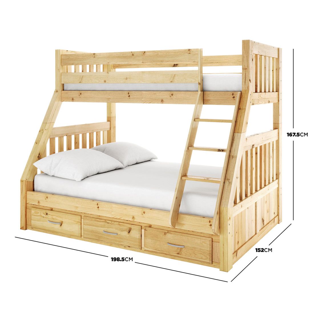 Cornelia Storage Triple Bunk Bed - Natural Solid Wood, featuring a sturdy pine frame with integrated under-bed storage drawers, showcases a practical, space-saving design ideal for shared bedrooms.
