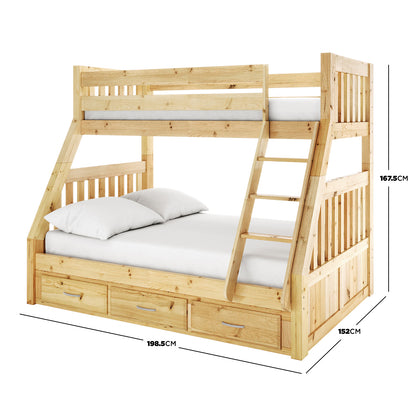 Cornelia Storage Triple Bunk Bed - Natural Solid Wood, featuring a sturdy pine frame with integrated under-bed storage drawers, showcases a practical, space-saving design ideal for shared bedrooms.