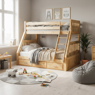 Cornelia Solid Wood Triple Bunk Bed with Storage in Natural, featuring a twin over full design, slanted ladder, built-in drawers, cozy bedding, surrounded by toys, a rug, and framed animal prints.