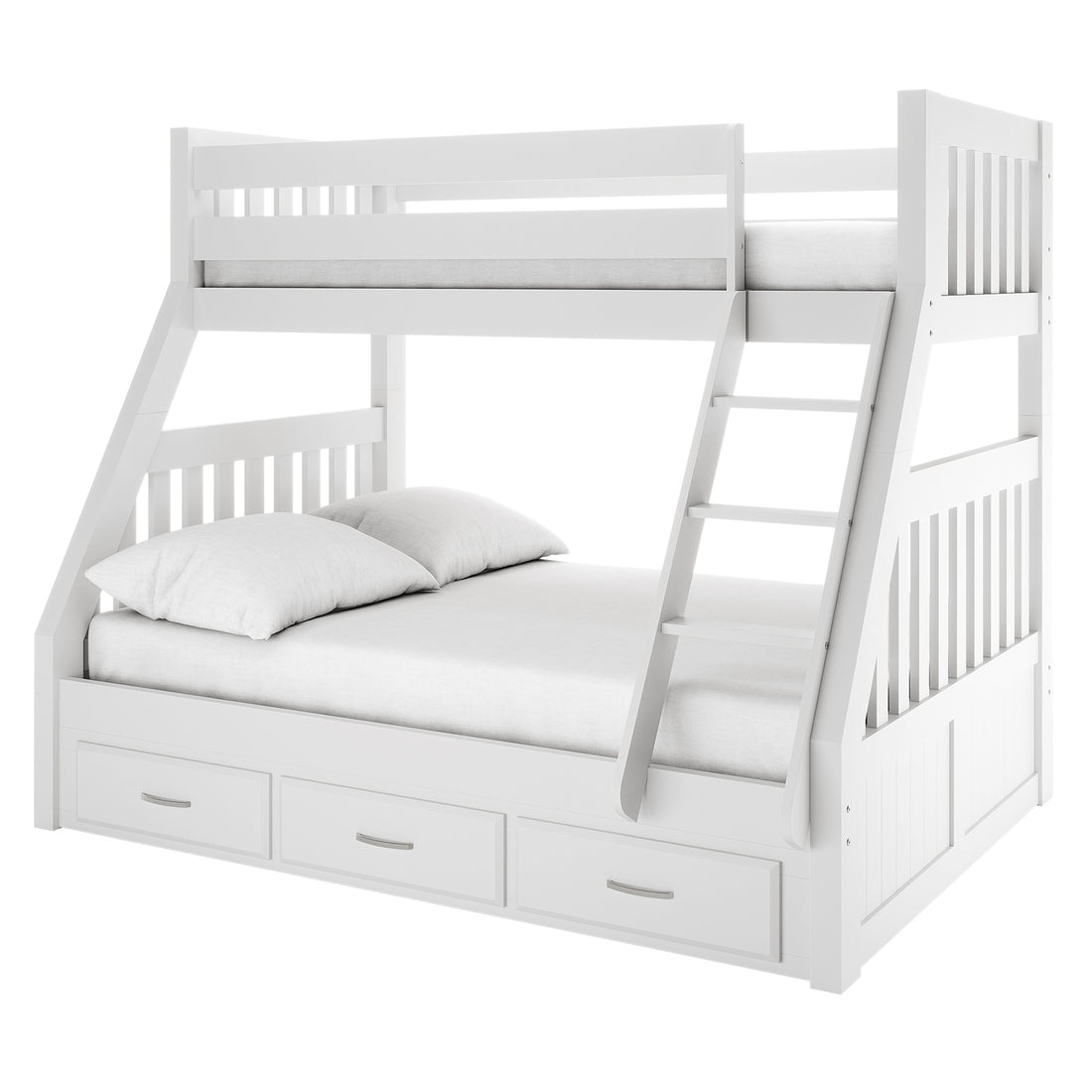 Cornelia Smart Deluxe Triple Bunk & Mattress Bundle features a white wood bunk bed frame with twin over full configuration, slanted ladder, three drawers, and slatted headboards, offering stylish space-saving functionality.
