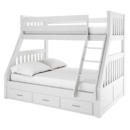Cornelia Smart Deluxe Triple Bunk & Mattress Bundle features a white wood bunk bed frame with twin over full configuration, slanted ladder, three drawers, and slatted headboards, offering stylish space-saving functionality.